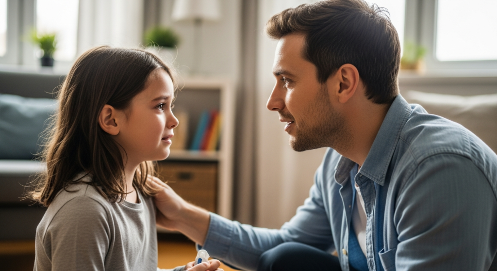 Parent comforting a child during a calm conversation, showing empathy and emotional connection.