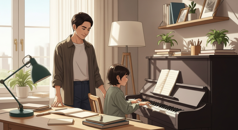 Parent guiding a child during a focused study session, representing tiger parenting style.